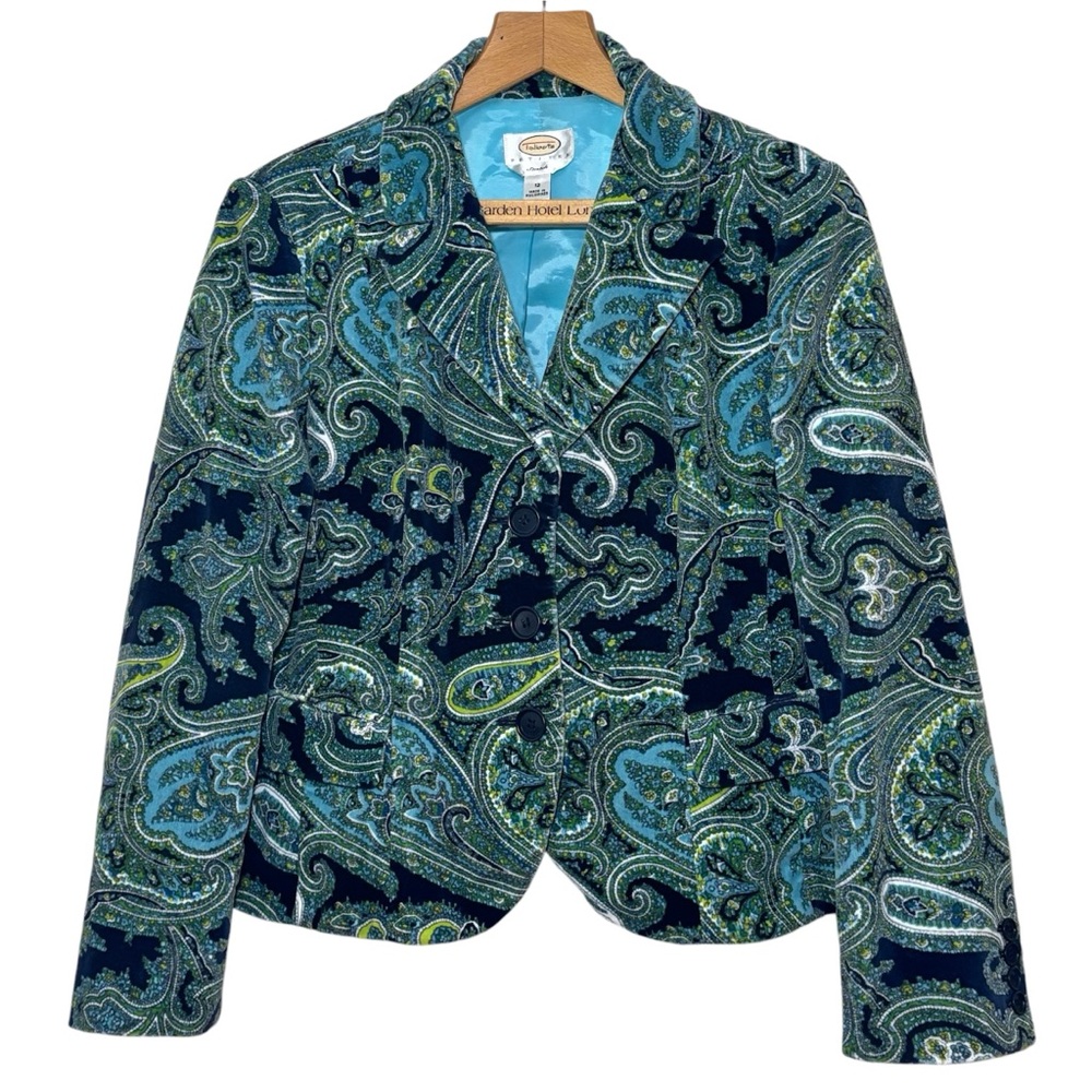Talbots Women's Stretch Velvet Blue Green Paisley Blazer Jacket Sz 12 Petite